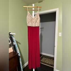 Beaded Bodice Red Formal Gown | Rhinestone Pearl Embellished Prom Dress